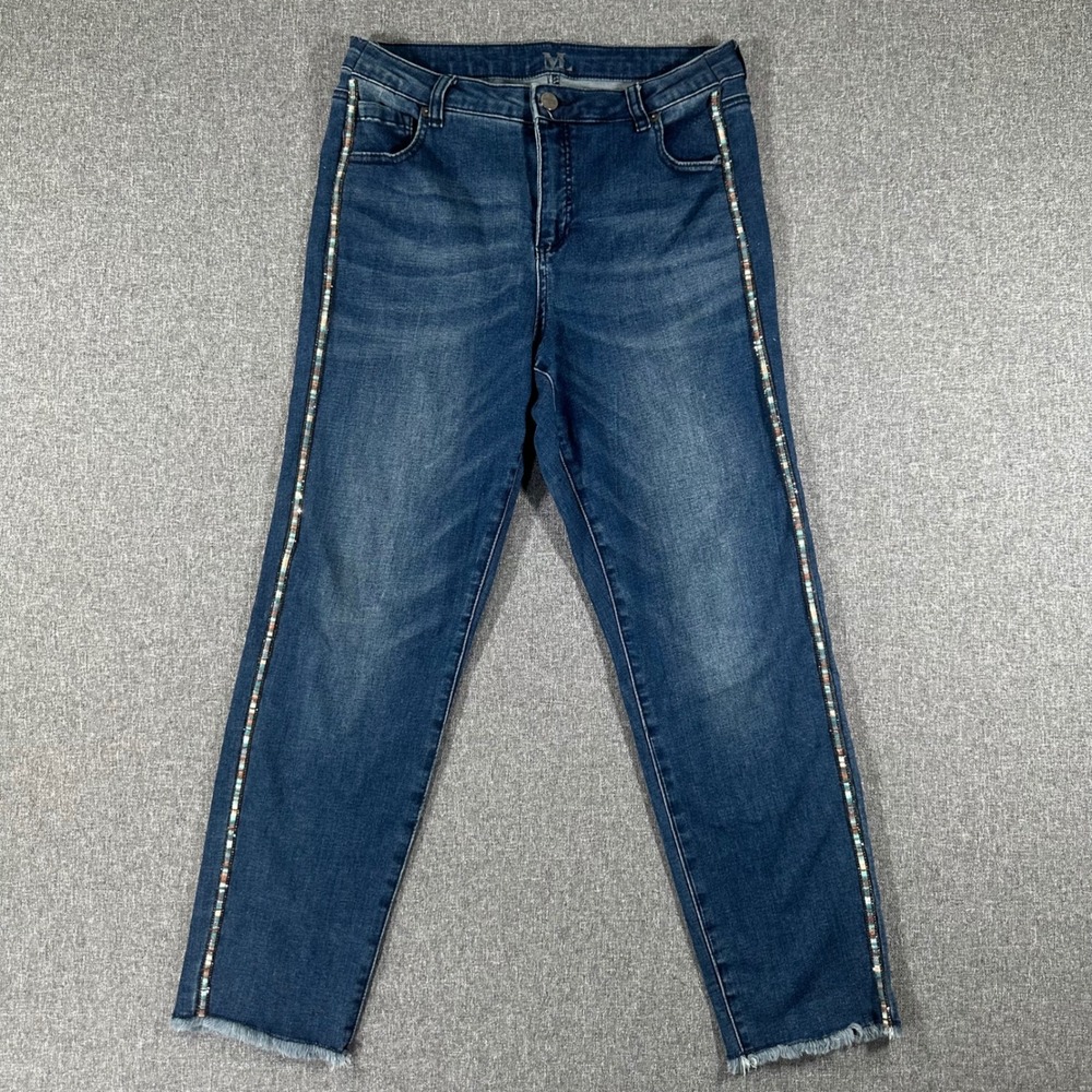 Melanie Lyne Women Jeans 14 Blue Denim Straight Leg Side Stripe Raw Hem Stretch
